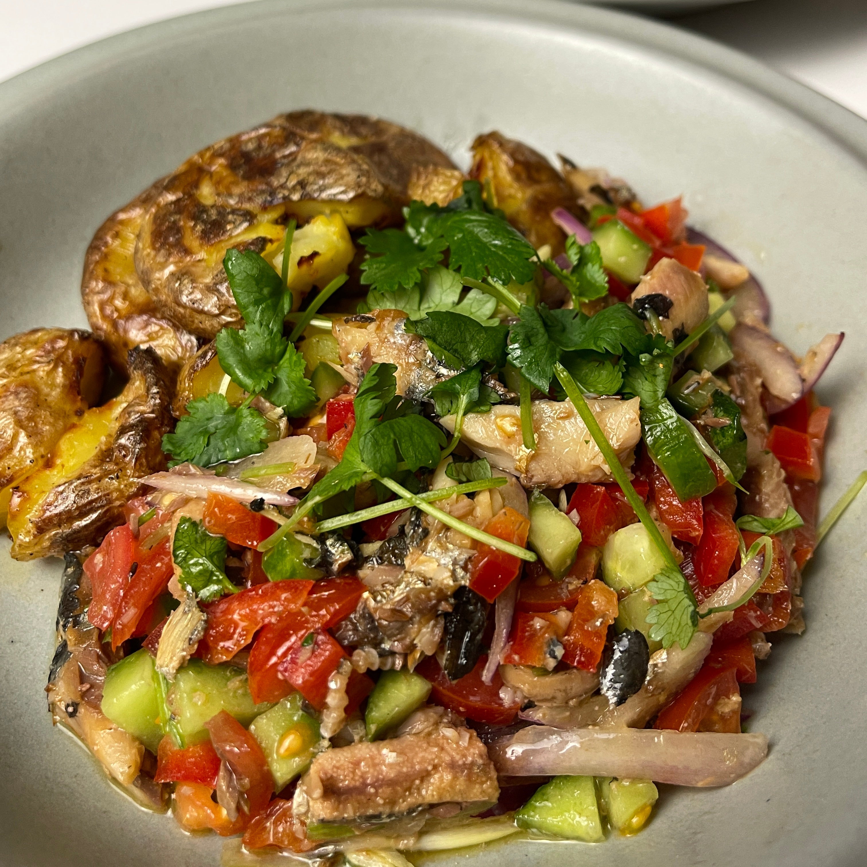 Crispy Smashed Potatoes with Tinned Sardine Salsa