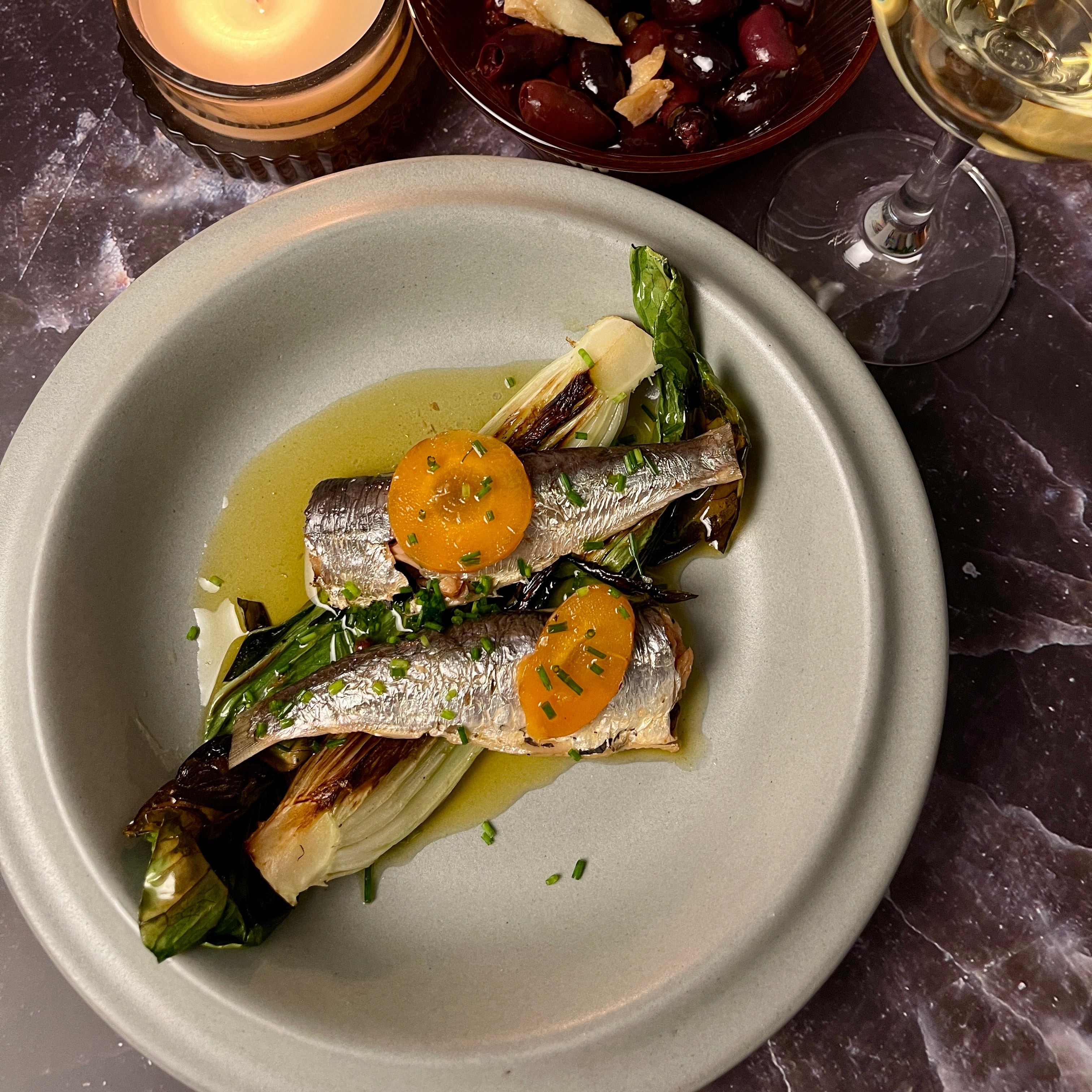 Charred Pak Choy with Sardines, Tin Oil and Chives