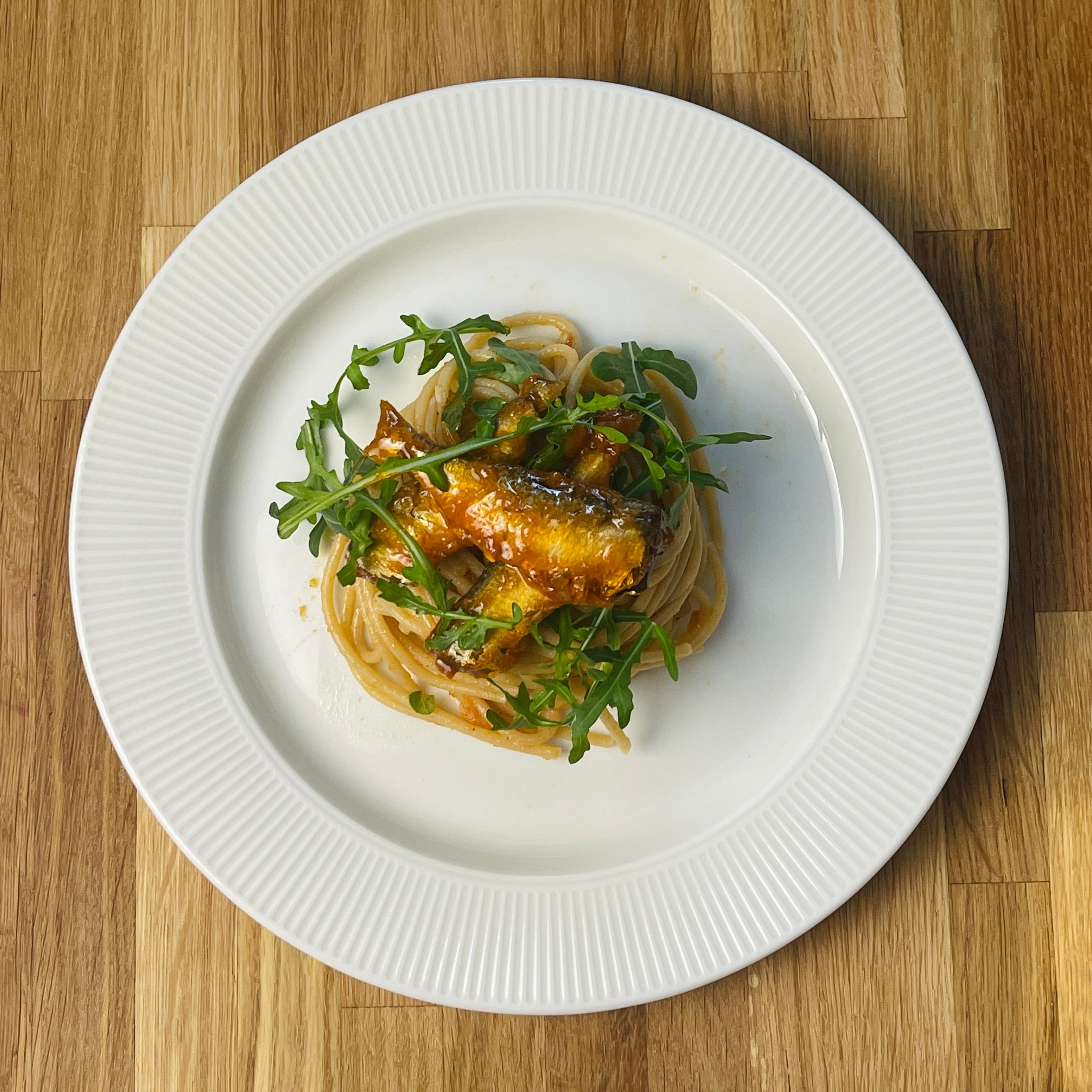 Sardine Pasta with Spiced Tomato Sauce, Rocket and Parmesan