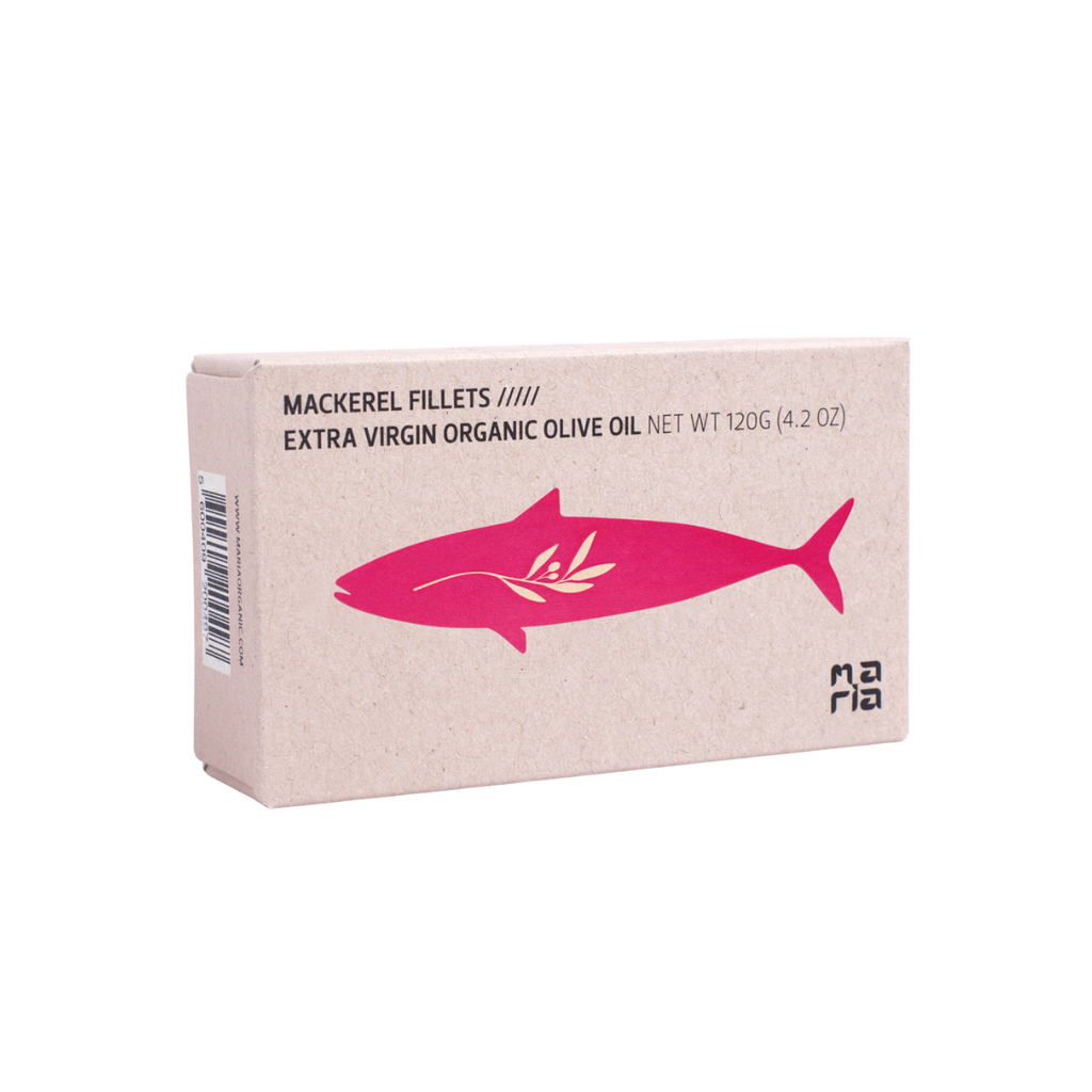 Maria Organic makrillfiléer i ekologisk extra jungfruolivolja, förpackning 120 g