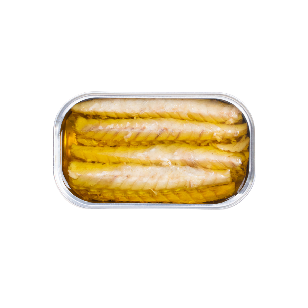 Öppnad burk med Maria Organic makrillfiléer i extra jungfruolivolja
